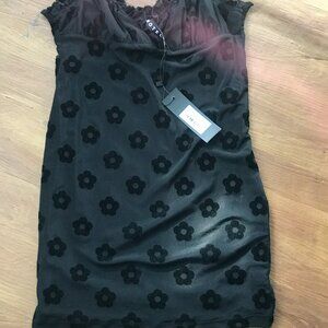 MOTEL S Black Mini Babydoll Dress with Velvet Daisy Pattern Y2K nwt